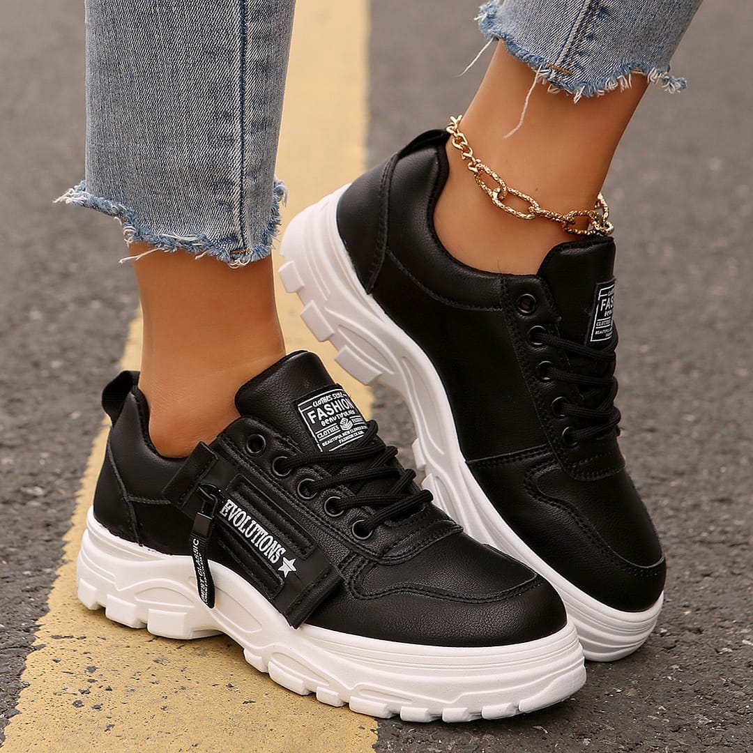 Lace-up Sports Shoes With Side-Zipper Design Fashion Thick-soled Round-toe Casual Shoes For Women Sneakers - Image 5