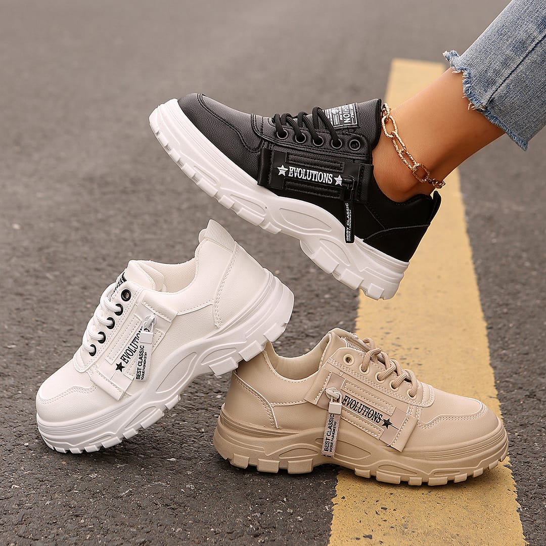 Lace-up Sports Shoes With Side-Zipper Design Fashion Thick-soled Round-toe Casual Shoes For Women Sneakers - Image 4
