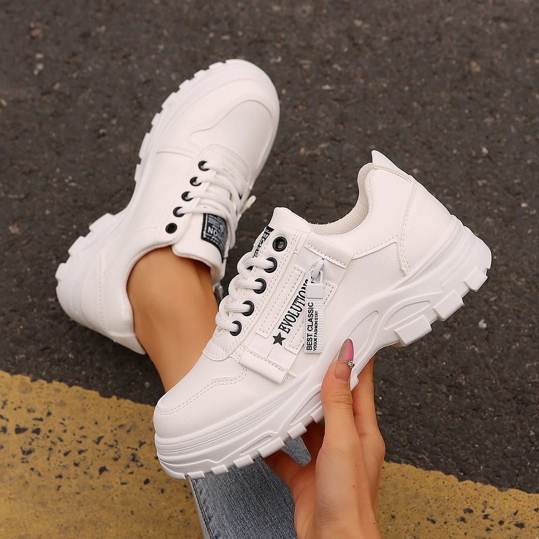 Lace-up Sports Shoes With Side-Zipper Design Fashion Thick-soled Round-toe Casual Shoes For Women Sneakers - Image 3