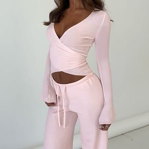 Casual Lace Up Bell Sleeve Top Velvet Padded Loose Trousers Pajamas Two-piece Set