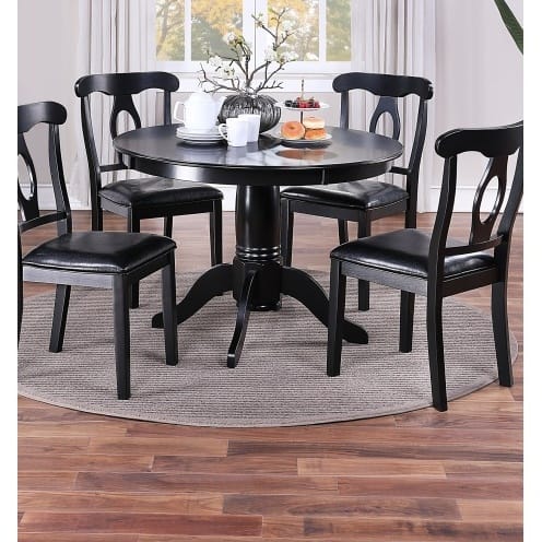 Classic Design Dining Room 5pc Set Round Table 4x Side Chairs Cushion Fabric Upholstery Seat Rubberwood Black Color Furniture - Image 6