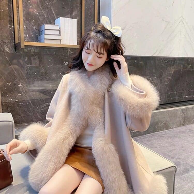Artificial Fur Mid-length Coat Women's Woolen Cloak - Image 3