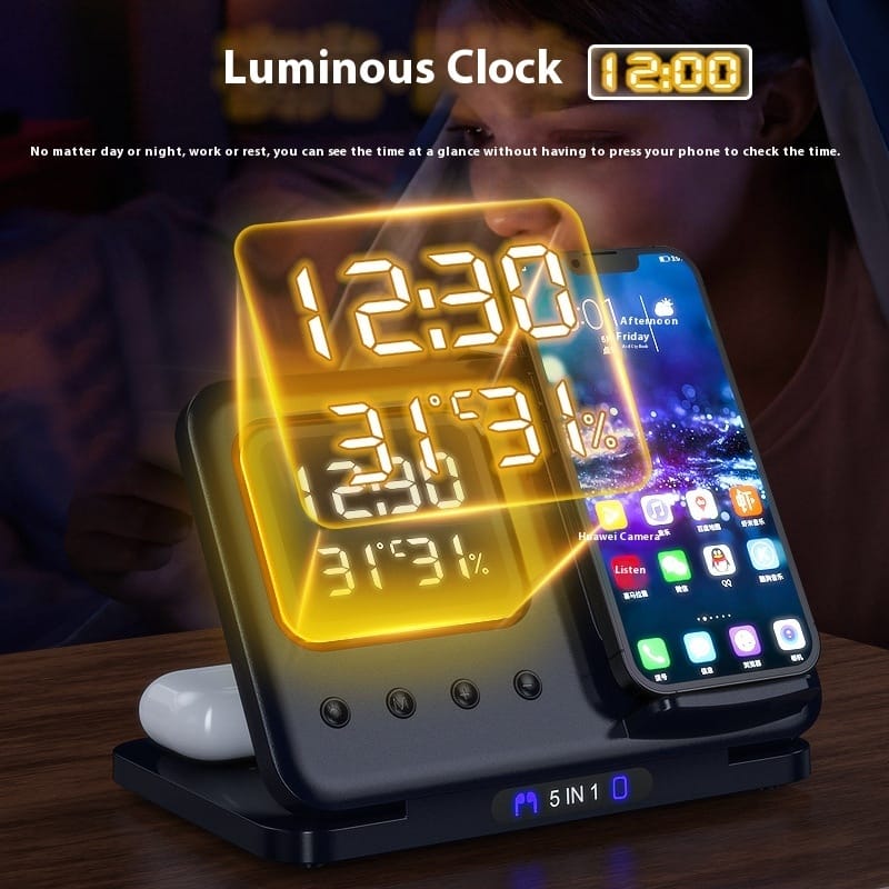 15W Wireless Chargers Stand 5 In1 LED Digital Alarm Clock Fast Charging Dock Station - Image 7