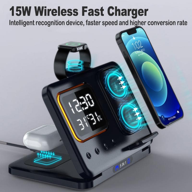 15W Wireless Chargers Stand 5 In1 LED Digital Alarm Clock Fast Charging Dock Station - Image 2