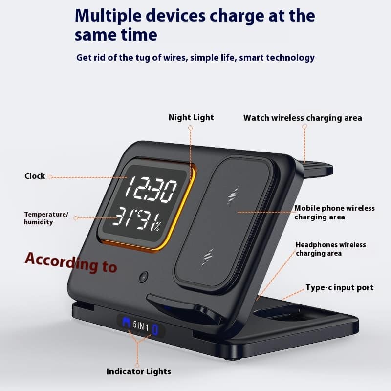 15W Wireless Chargers Stand 5 In1 LED Digital Alarm Clock Fast Charging Dock Station - Image 9