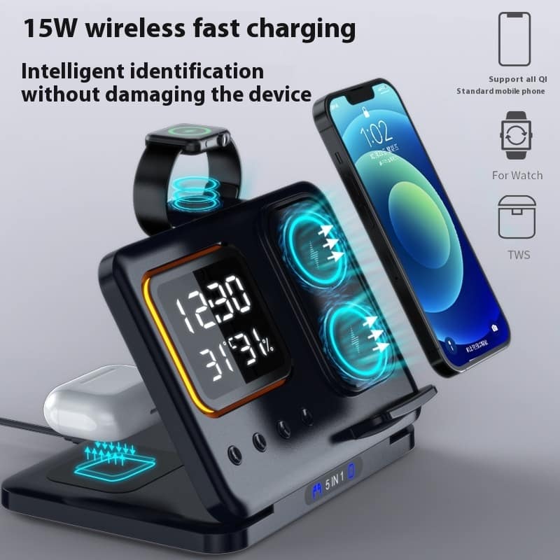 15W Wireless Chargers Stand 5 In1 LED Digital Alarm Clock Fast Charging Dock Station - Image 8