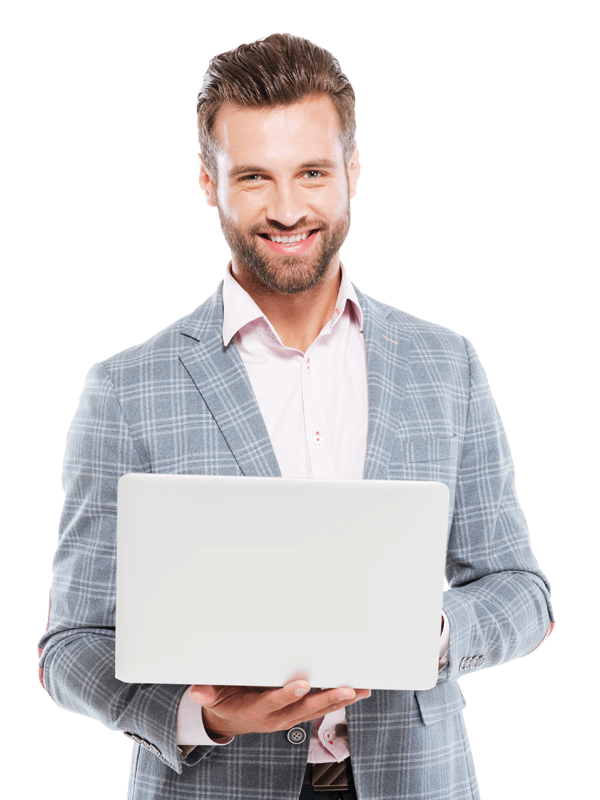 professional standing with laptop